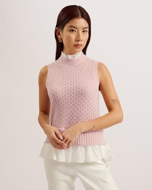 Gilet Ted Baker Ruffle Neck Knit With Hem Rose Femme | TSL-98982489